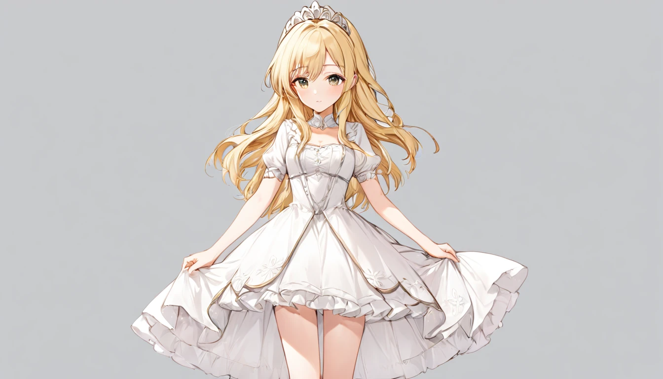 Female, anime, heroine, dress, long blonde hair, white dress, princess, cute, pretty, standing pose, lily, no background