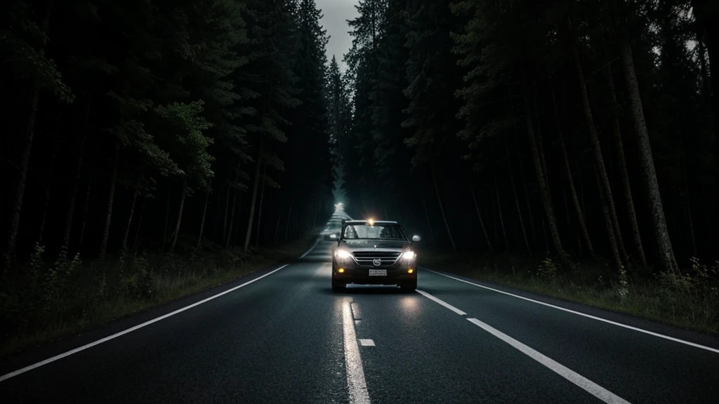 A dark, isolated highway surrounded by dense forest, with a car's headlights cutting through the darkness.