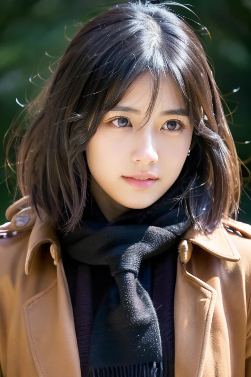 Mikasa, 19 year old young woman, Work, Best quality, High resolution, Short hair, Black eyes, Scarf, visible chest, close up, beauty, eye details, face details, very beautiful face, sky, Highest quality, high resolution .