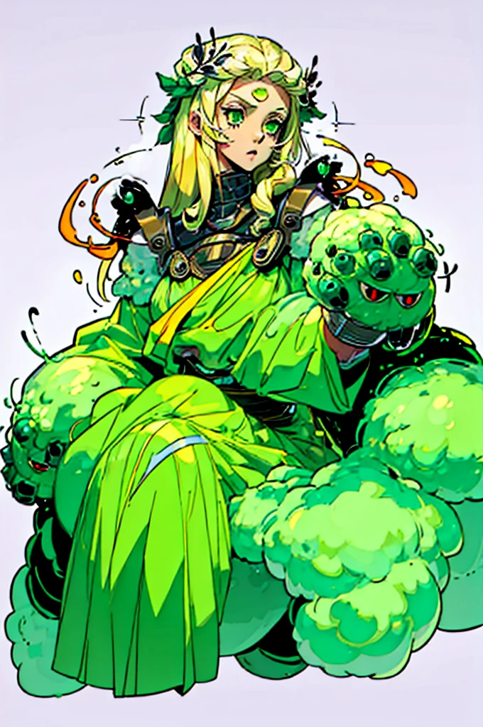 1girl, arachnid body, spider abdomen, hairy thin long spider legs, dragonfly wings, moth antenas on head, blonde long hair, green clothes, green eyes, flat chest, hades style, hadesstyle, hades2style, hades 2 style