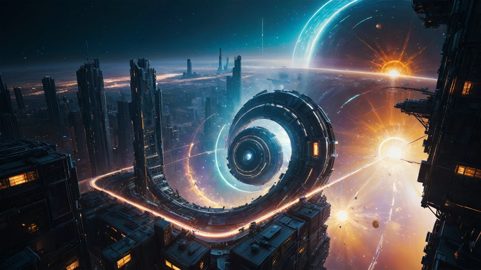 brightly colored abstract image of a space station with a spiral, epic beautiful space scifi, chaotic cinematic space rift, greg beeple, planets colliding, beeple and tim hildebrandt, beeple and jean giraud, end of the universe, galaxy space sci-fi, ringworld, by Mike "Beeple" Winkelmann. Matrix style, (((((Matrix cascading code))))), (((((a futuristic twin tower skyscraper with a unique twisted design))))), (((((OLED GUI interfaces in the building))))), at night, (((((1girl, solo))))), photo realistic, (((large-breast:1.2 slim body, cleavage))), (((off broken mini sling-shirt and black sling bra, extreamly short pleated miniskirt exposing panty))), (((((running pose))))), (((((matrix style black sunglasses))))), ((((((((((aiming with a short gun)))))))))), (((((looking at camera))))), (((very low view))), (((((half-body thigh level medium shot))))), (((cinematic lighting))).