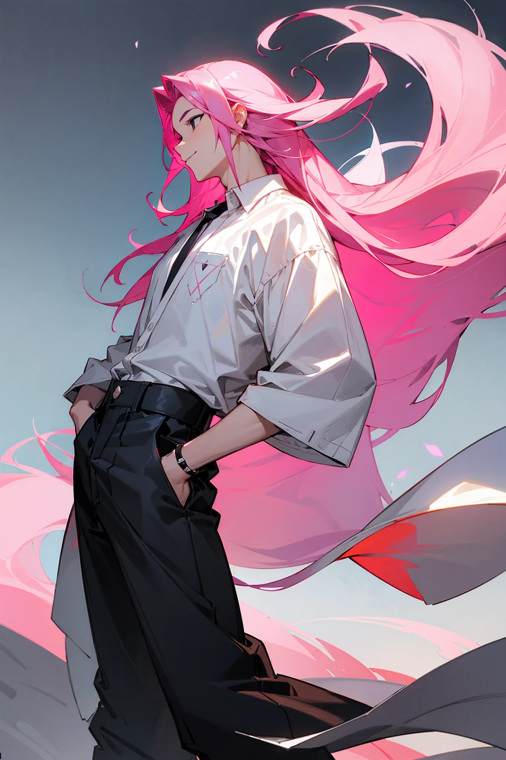 1male, pink hair, flowing hair, happy expression, black underhair, black eyes, white design shirt, black baggy pants, park background, detailed background, hands to side, standing on path