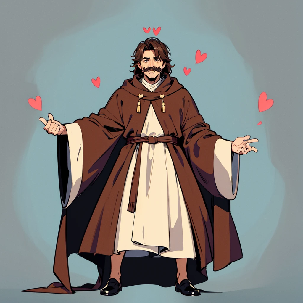 (Full body character concept、detailed)、((((Solo))))、highest quality, Best Quality,Best illustrations、middle ages、(((Simple brown robe)))、(40-year-old uncle、Kaiser moustache)、(Eyes are hearts、smile、Clench your teeth)、Heart Background