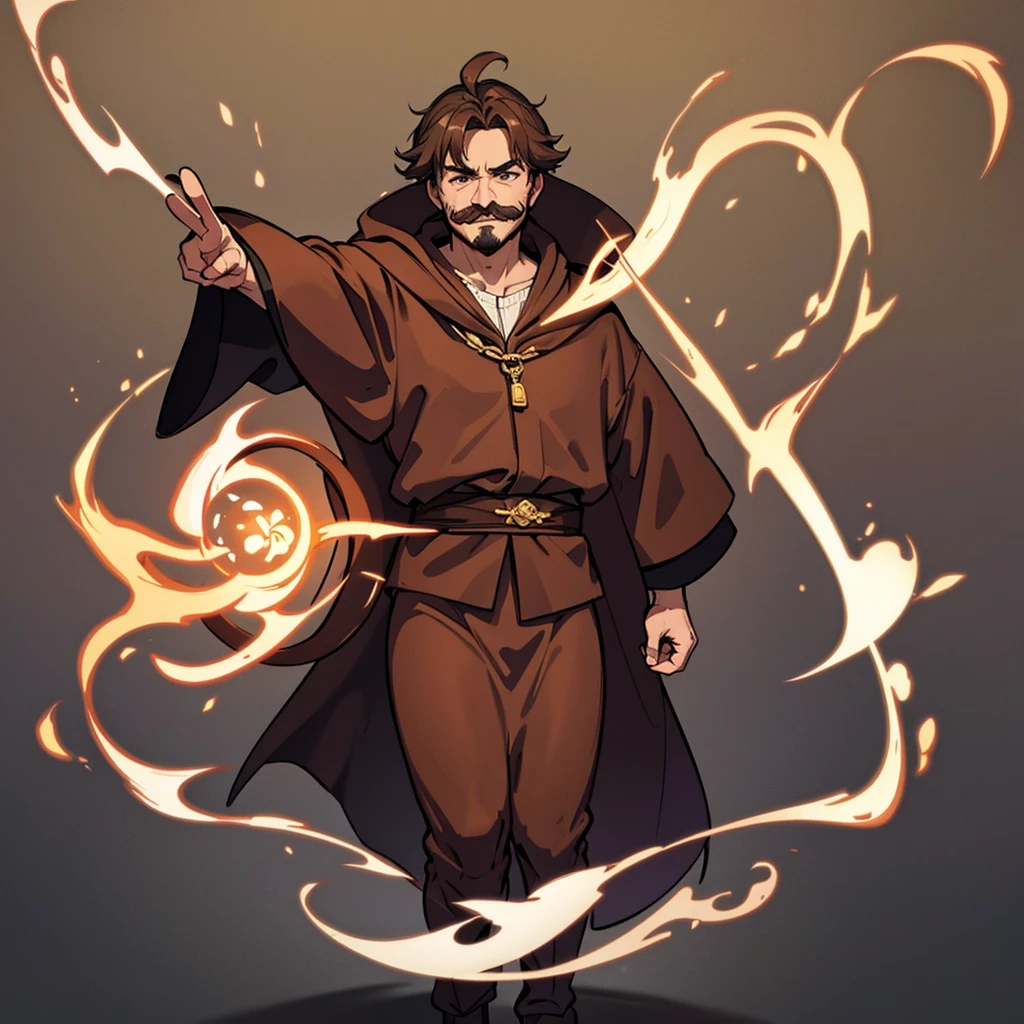 (Full body character concept、detailed)、((((Solo))))、highest quality, Best Quality,Best illustrations、middle ages、(((Simple brown robe)))、(40-year-old uncle、Kaiser moustache)、(Eyes are hearts、smile、Clench your teeth)、Heart Background