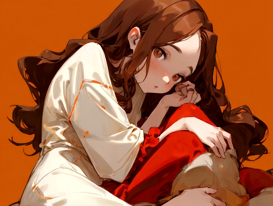 mommy vibes, dark hair within red, orange, and blonde in straight hair, ivory skintone, dark brown eyes.