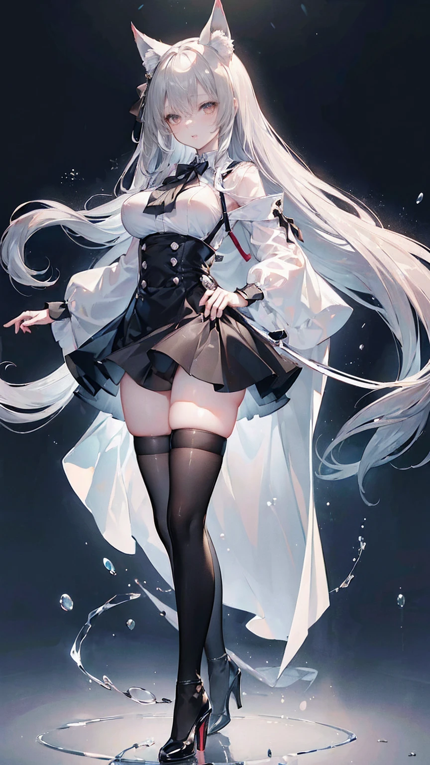 (masterpiece, best quality:1.4), solo focus, (full body:1.2), (large breasts:1.2), very long hair, (black thighhighs:1.3), (silver hair:1.4), high heels, perfect anatomy, microskirt, fox ears, open shirt,
