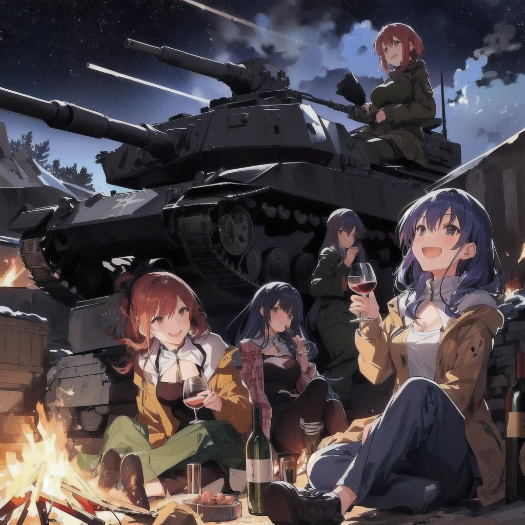 Anime girls sitting around a campfire with a tank in the background, Drinking wine and laughing,Girls' Frontline style, Girls' Frontline universe, from Girls' Frontline, Girls' Frontline, Girls' Frontline cg, Fine details. Girls' Frontline, Kantai Collection Style, Anime Background, m4 sopmod ii Girls' Frontline, On pixiv, Infantry Girl, artstation On pixivトレンド, Official artwork, Anime Machine Gun Shooting