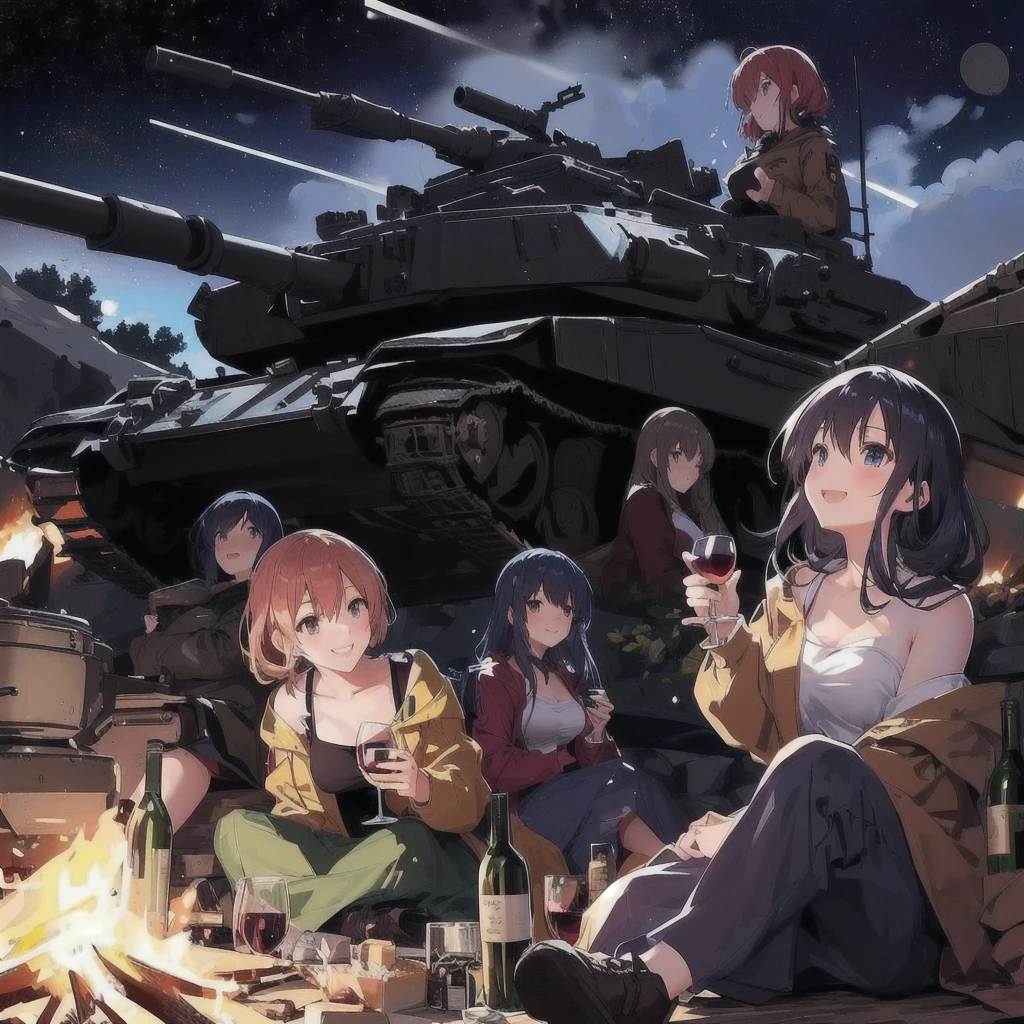 Anime girls sitting around a campfire with a tank in the background, Drinking wine and laughing,Girls' Frontline style, Girls' Frontline universe, from Girls' Frontline, Girls' Frontline, Girls' Frontline cg, Fine details. Girls' Frontline, Kantai Collection Style, Anime Background, m4 sopmod ii Girls' Frontline, On pixiv, Infantry Girl, artstation On pixivトレンド, Official artwork, Anime Machine Gun Shooting