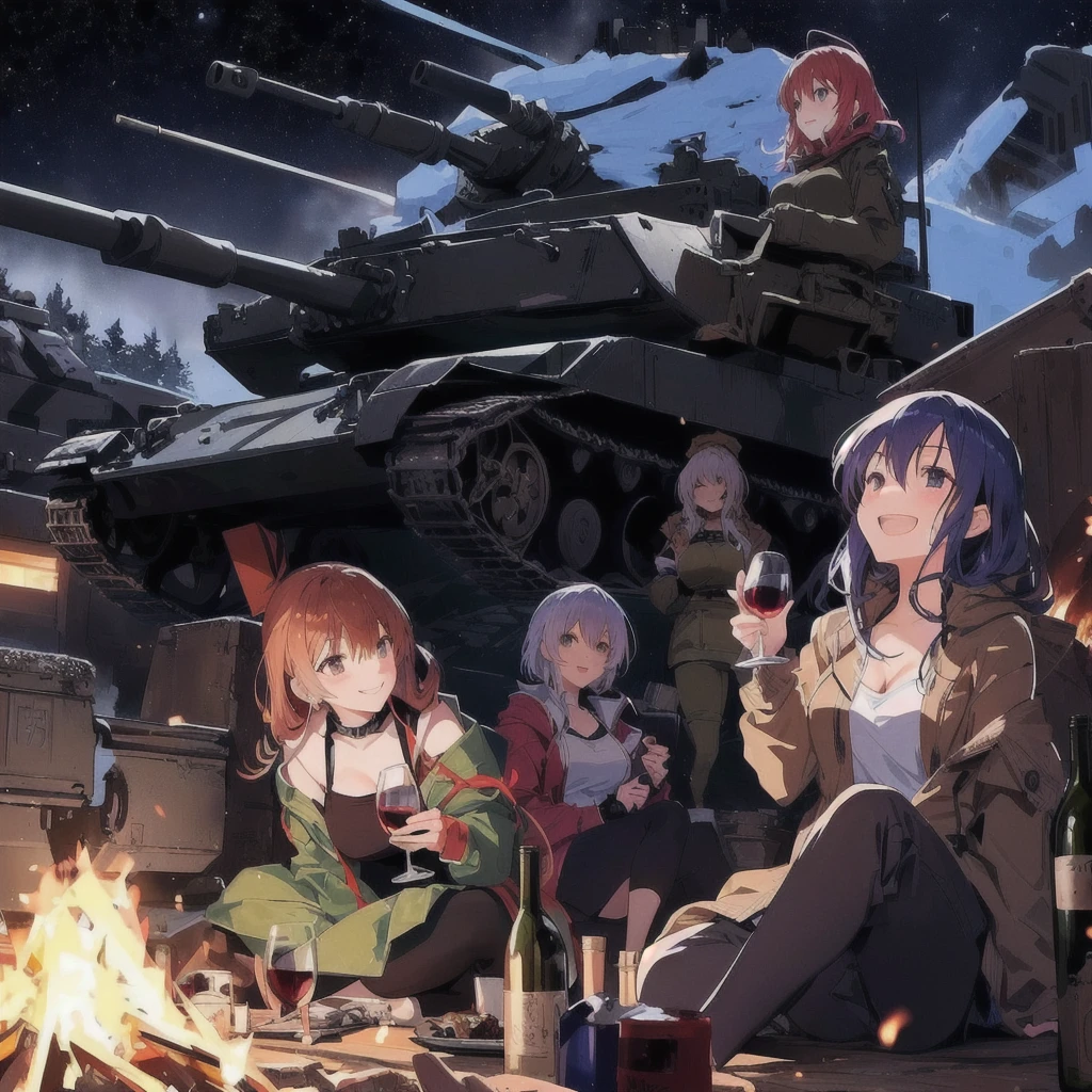 Anime girls sitting around a campfire with a tank in the background, Drinking wine and laughing,Girls' Frontline style, Girls' Frontline universe, from Girls' Frontline, Girls' Frontline, Girls' Frontline cg, Fine details. Girls' Frontline, Kantai Collection Style, Anime Background, m4 sopmod ii Girls' Frontline, On pixiv, Infantry Girl, artstation On pixivトレンド, Official artwork, Anime Machine Gun Shooting