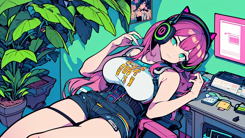 Best quality, (masterpiece:1.2), best detail face,1 girl, big breasts, 18 yo, 8k,absurdres,unity 8k wall paper,(extremely detailed:1.3), highest realistic, (retro headphones:1.1), (soft neon light:1.1), Her room full of music equipment and plants, Leaning back on the chair with a casual attitude, Light clothing in summer, natural color palette