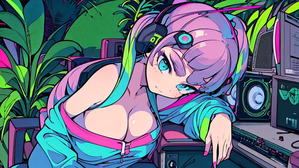 Best quality, (masterpiece:1.2), best detail face,1 girl, big breasts, 18 yo, 8k,absurdres,unity 8k wall paper,(extremely detailed:1.3), highest realistic, (retro headphones:1.1), (soft neon light:1.1), Her room full of music equipment and plants, Leaning back on the chair with a casual attitude, Light clothing in summer, natural color palette