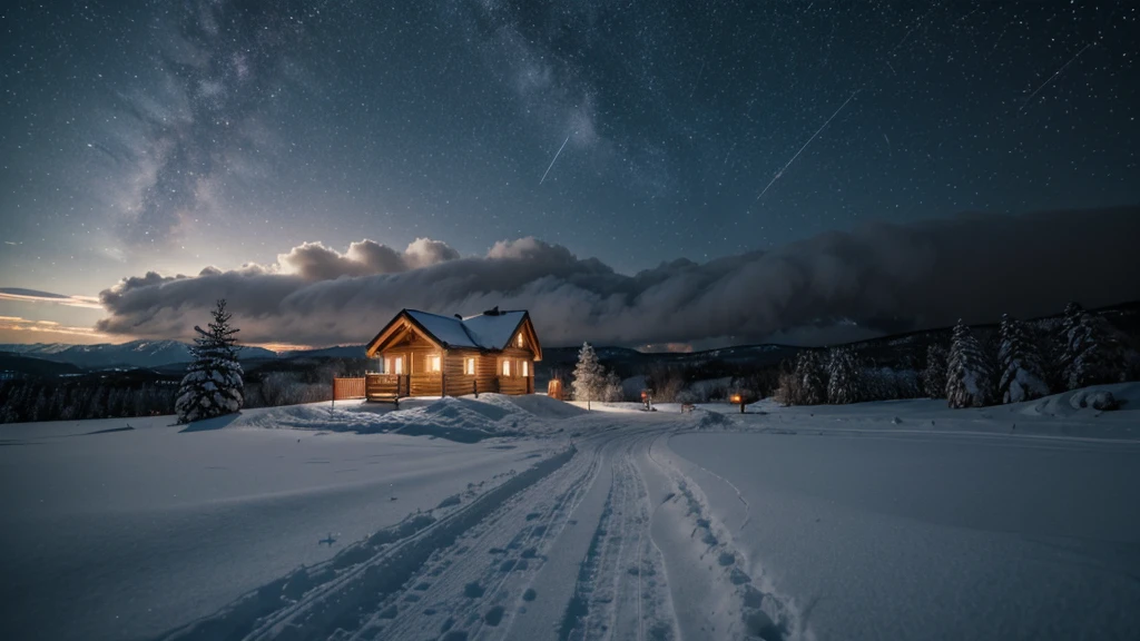 Novi Mountains, A small house, smoke from chimney, There are several trees around, Thick snow on the ground,Warm tones, snowflakes falling, Starry sky