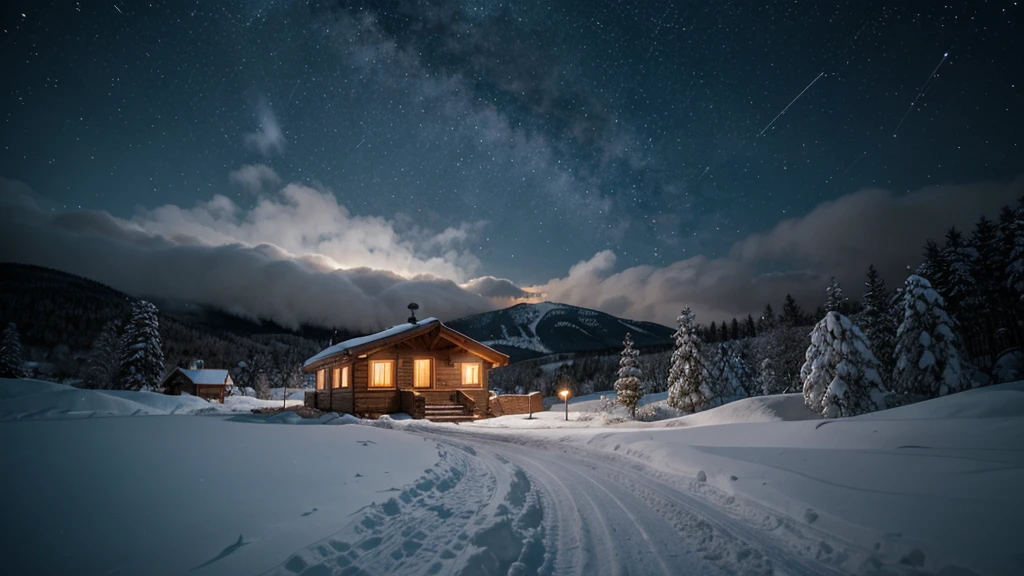 Novi Mountains, A small house, smoke from chimney, There are several trees around, Thick snow on the ground,Warm tones, snowflakes falling, Starry sky