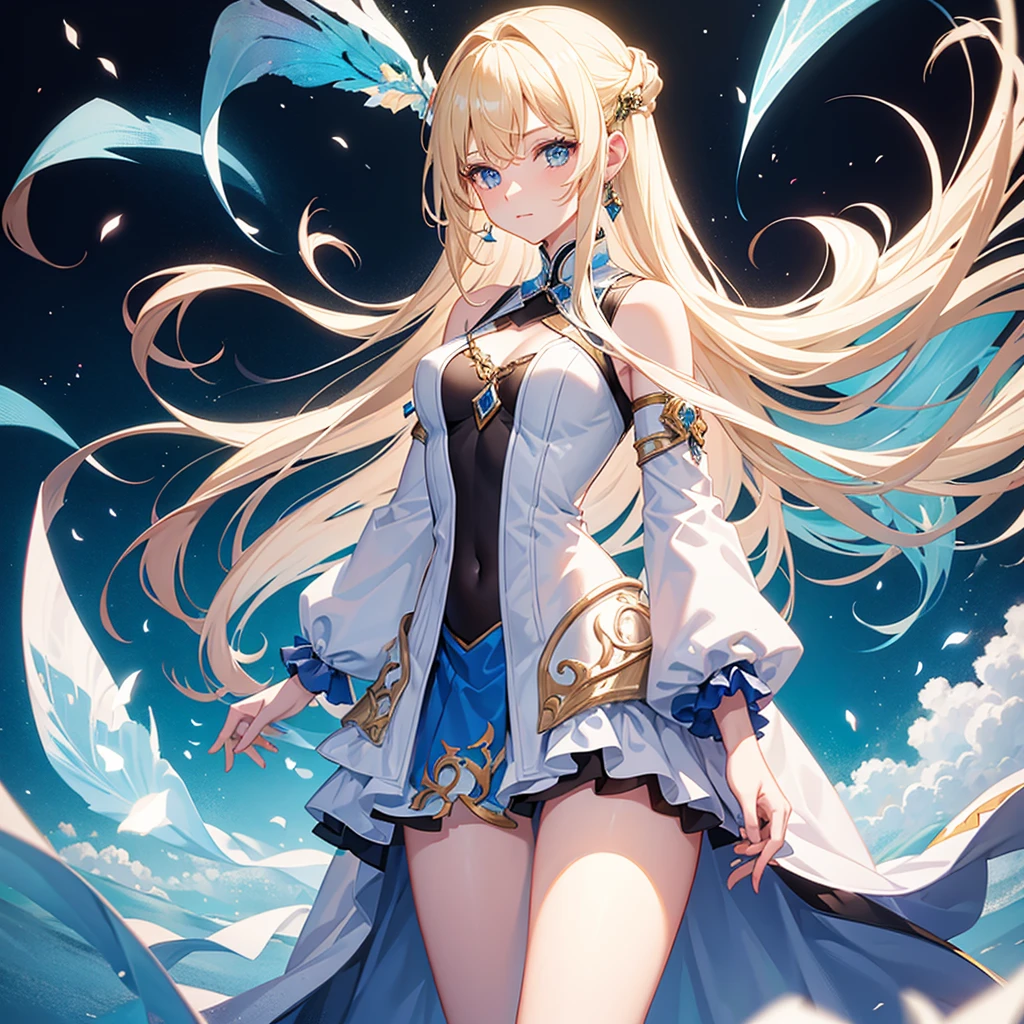woman, solo, long hair, blonde hair, blue eyes, beautiful, half body, fantasy, ice. Sexy. fantasy wallpaper. White clothes. Snow.