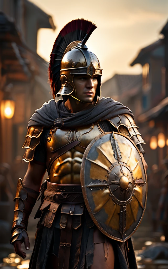 As the sun began to set, The warm golden color of the sun shone on his clothes, Spartan warriors in armor holding their spear and shield, background dark, hyper realistic, ultra detailed hyper realistic, photorealistic, Studio Lighting, reflections, dynamic pose, Cinematic, Color Grading, Photography, Shot on 50mm lens, Ultra-Wide Angle, Depth of Field, hyper-detailed, beautifully color, 8k, Detailed background, dark light, twilight lighting, Volumetric lighting, intricate details, ultra high definition,