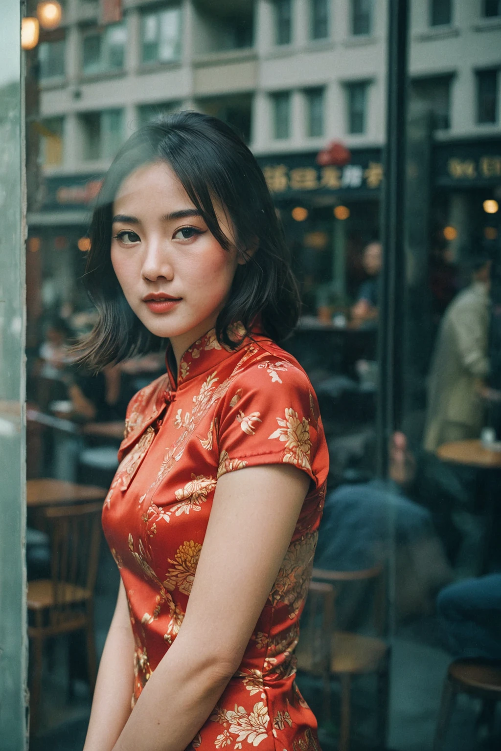 shot of attractive Chinese qipao girl in a city modern cafe, brunette, casual smirk, reflections trough a window of another person walking. candid, minimalism, moody, modern, cinematic realism, Eye Level Shot, analog film photo, Kodachrome.