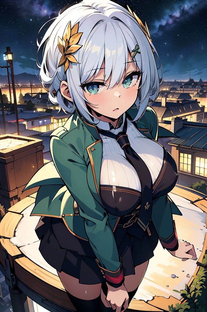 (best quality:1.3), (masterpiece:1.3), (illustration:1.3), (ultra-detailed:1.3), (mid shot:0.9), 1girl, short hair, white hair, green eyes, green blazer, black skirt, looking at viewer, hair ornaments, night sky, starry sky, long hair, large breasts, from front, nipples standing out, Hentai nude, Naked , Remove clothes