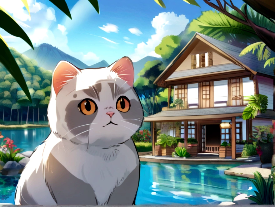 Scottish Fold Cat, Adorable, Tropical Garden, Lakeside, I can see the house in the distance.