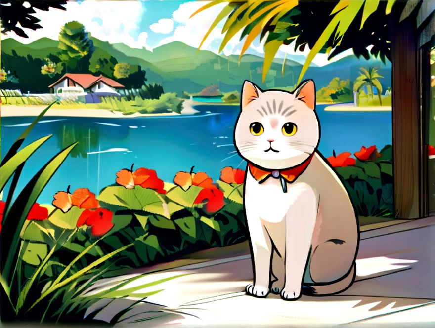 Scottish Fold Cat, Adorable, Tropical Garden, Lakeside, I can see the house in the distance.