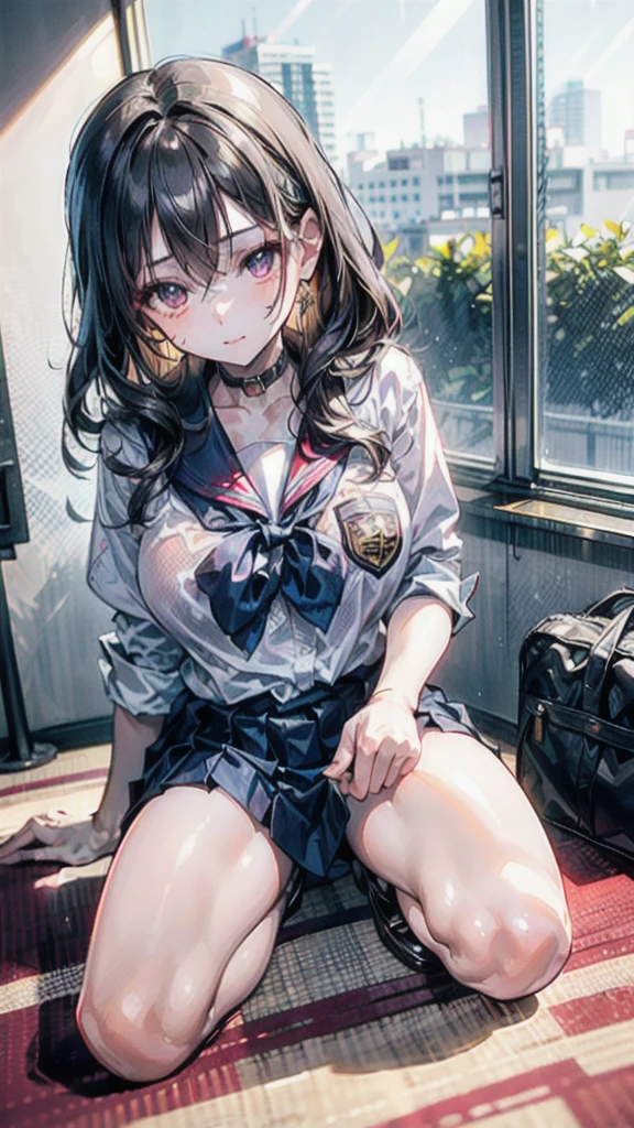 (Best quality, 8k, 32k, Masterpiece, UHD,:1.2),RAW, human, 1girl,ultra cute , ultra cute, natural lighting, transparent shining eyes, 20yo, medium breast ,femur, fair complexion , flushed face, ((school uniform)), sitting on the floor, surrounded by many many sushi, confused, 