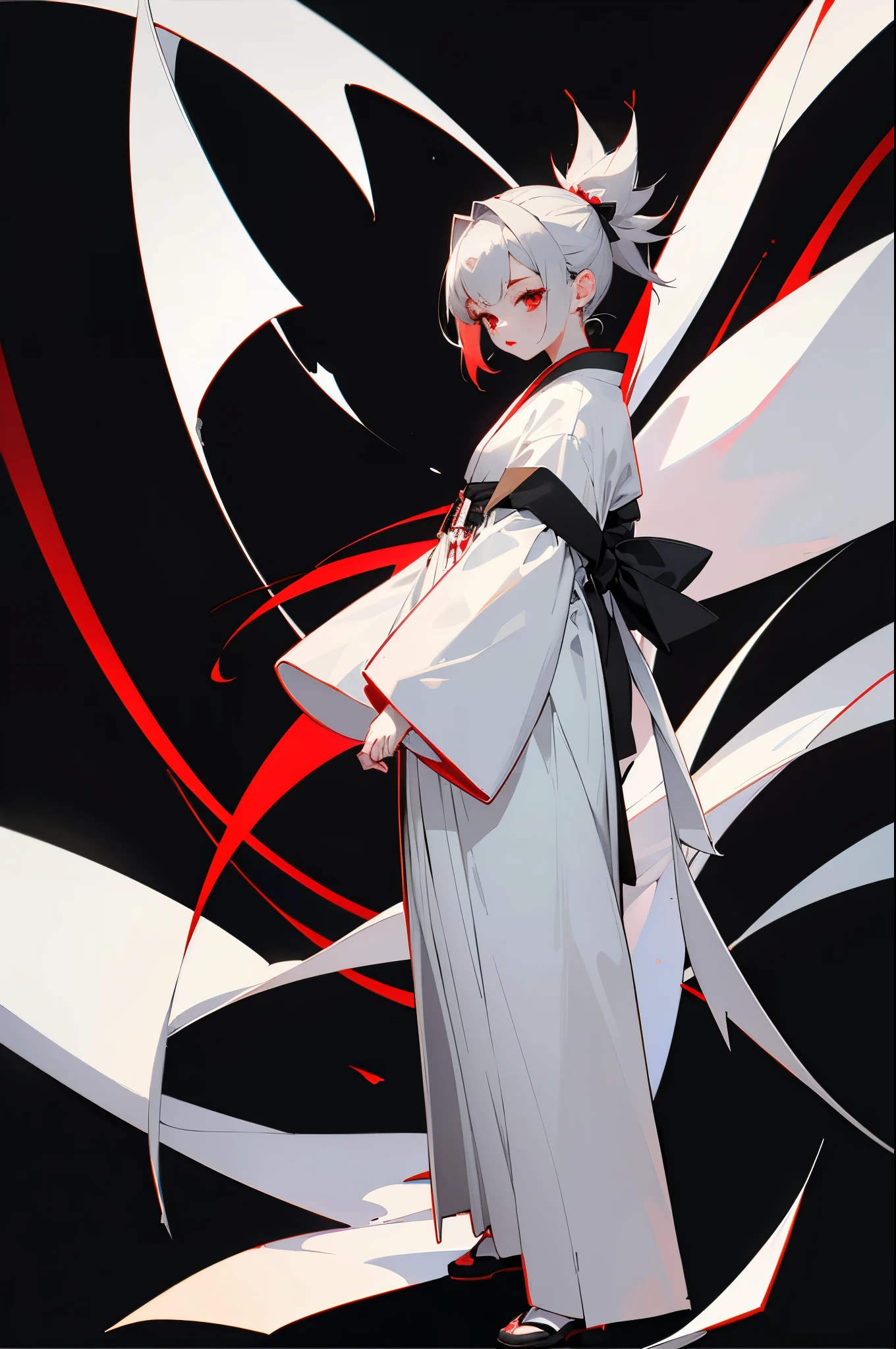 highest quality、masterpiece、1 girl、16 years old、black background、black background、full body angle、White and black hakama、similarly、Are standing、black background、gray hair:1.5、red eyes、red lips、white clothes、Black and white world、Black and white world、pale skin、side blade