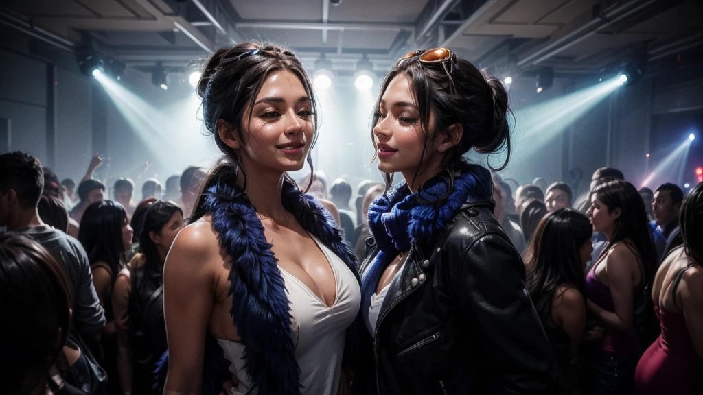 masterpiece, best quality, extremely detailed, hyperrealistic:1.1, photorealistic, a beautiful 20s russian model, ultra detailed face:1.1, sunglasses on head:1.1, blue fur shawl, white dress, high ponytail, black hair, at nightclub:1.2, nightclub light:1.1, party, music club, people dancing on the dance floor background, underground danceclub, laughing, eye closed