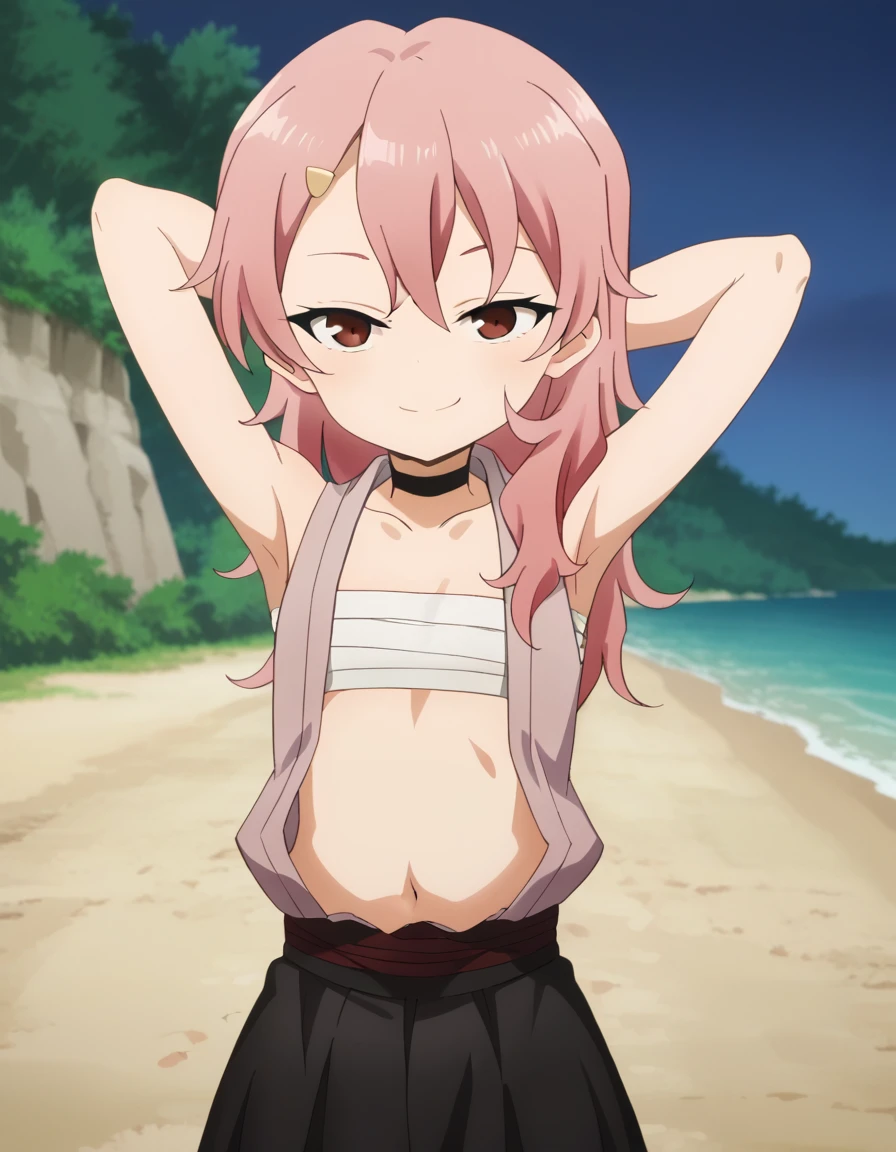 benisumomo, anime coloring ,BREAK source_anime, anime, long hair, hair ornament, red eyes, navel, pink hair, japanese clothes, choker, hairclip, flat chest, black choker, sarashi, chest sarashi, black skirt, high quality, solo, night sky, beach, arms behind head, contrapposto, closed mouth, spread armpits, (cowboy shot:1.5), looking at viewer, smile, best quality, puffing chest, sexy, head down,