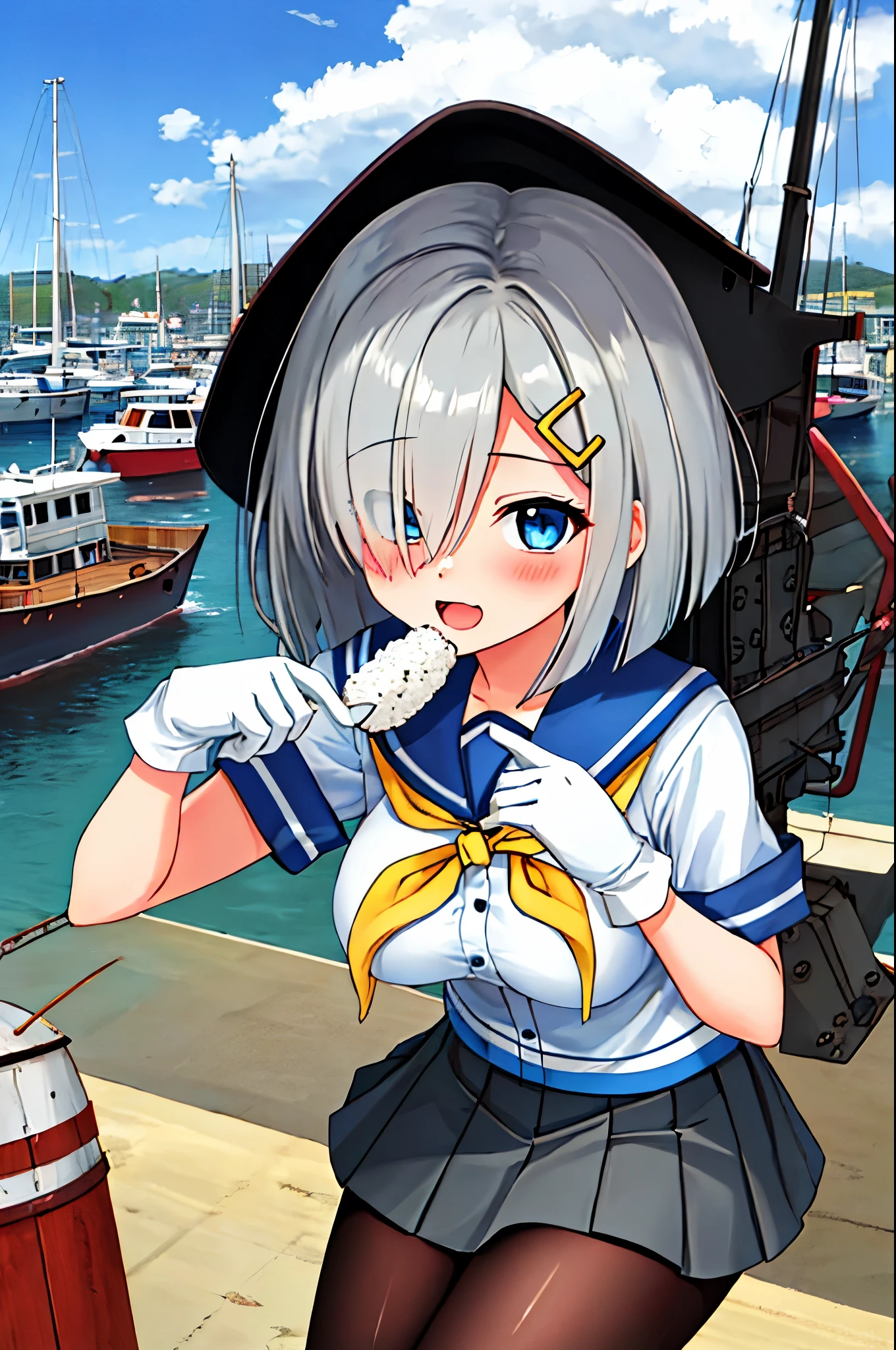 best quality, masterpiece, highres, solo, {hamakaze_kantaicollection:0.90}, 1girl, ,younger_teenck_pantyhose, pleated_skirt, serafuku, short_sleeves, simple_background, white_background, yellow_neckerchief, white_gloves, looking_at_viewer, grey_skirt, blush, eyes_visible_through_hair, blue_sailor_collar, dynamic_posing,long_bangs,hair_over_one_eye,harbor_school_background,outdoor,large_breasts,onigiri,riceball,girl_eating_riceball,happy,open_mouth