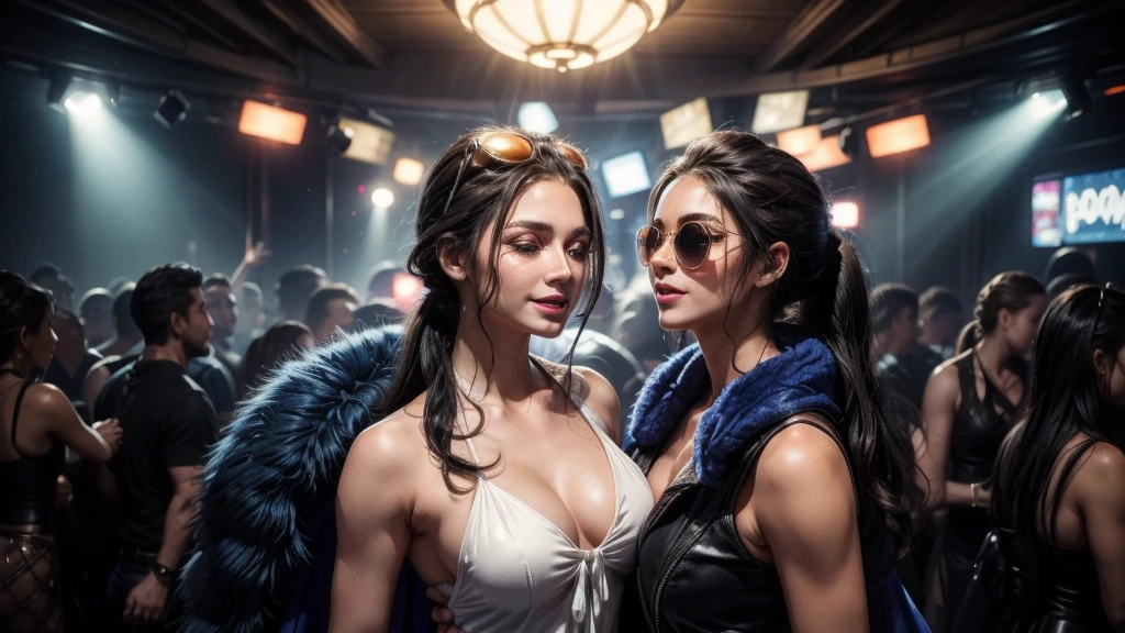masterpiece, best quality, extremely detailed, hyperrealistic:1.1, photorealistic, a beautiful 20s russian model, ultra detailed face:1.1, sunglasses on head:1.1, blue fur shawl, white dress, high ponytail, black hair, at nightclub:1.2, nightclub light:1.1, party, music club, people dancing on the dance floor background, underground danceclub, laughing, eye closed