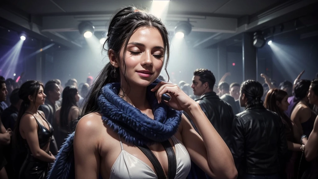 masterpiece, best quality, extremely detailed, hyperrealistic:1.1, photorealistic, a beautiful 20s russian model, ultra detailed face:1.1, sunglasses on head:1.1, blue fur shawl, white dress, high ponytail, black hair, at nightclub:1.2, nightclub light:1.1, party, music club, people dancing on the dance floor background, underground danceclub, laughing, eye closed 
