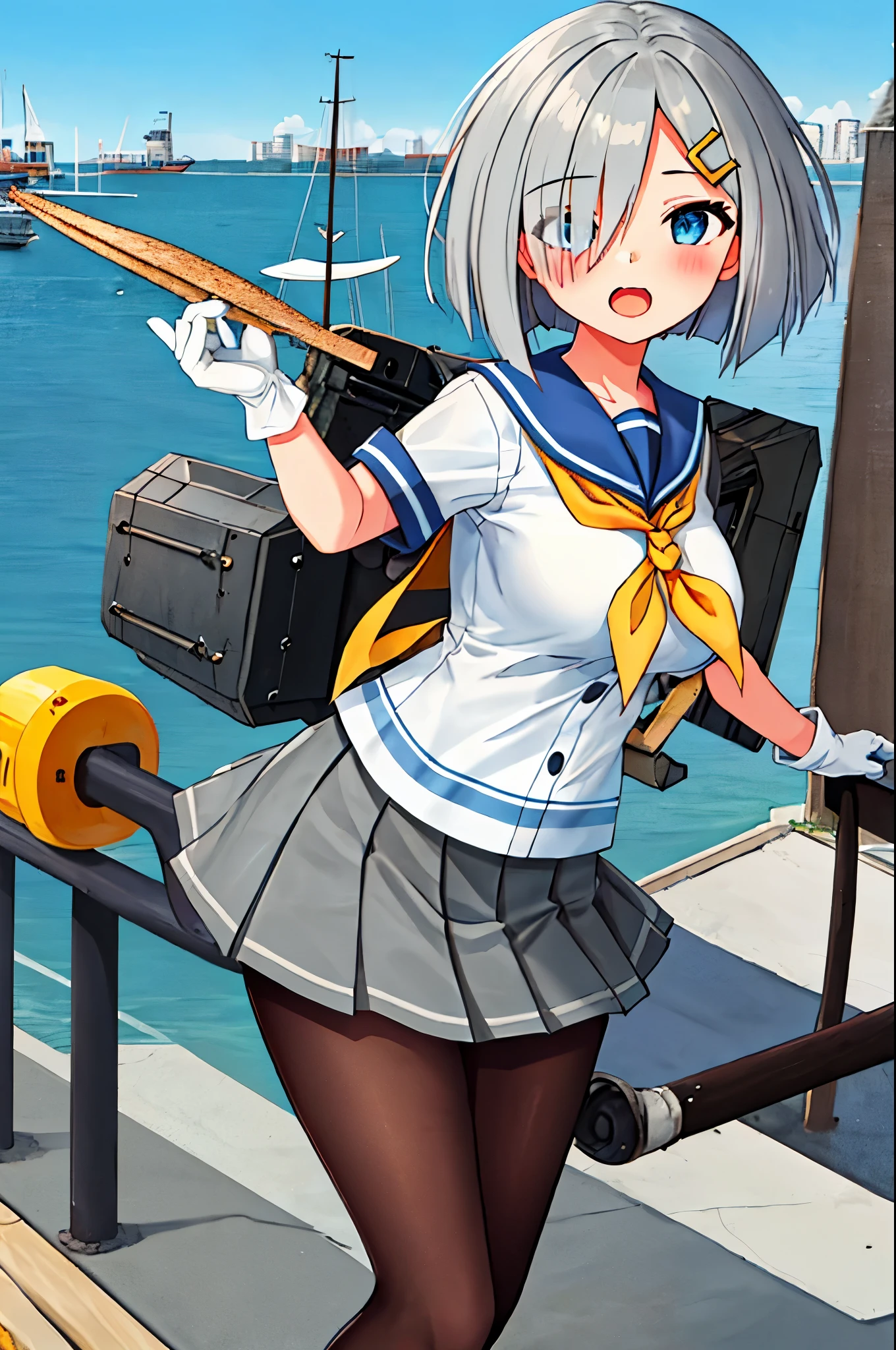 best quality, masterpiece, highres, solo, {hamakaze_kantaicollection:0.90}, 1girl, loli,younger_teen,black_pantyhose, pleated_skirt, serafuku, short_sleeves, simple_background, white_background, yellow_neckerchief, white_gloves, looking_at_viewer, grey_skirt, blush, eyes_visible_through_hair, blue_sailor_collar, dynamic_posing,long_bangs,hair_over_one_eye,harbor_school_background,outdoor,large_breasts,onigiri,riceball,girl_eating_riceball,happy,open_mouth