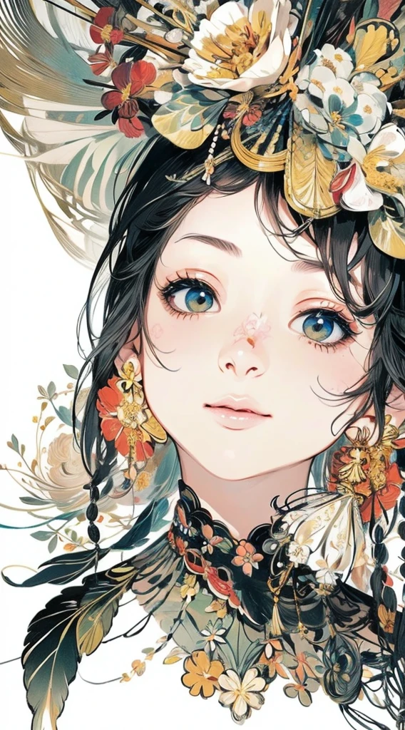cute、Perfect Anatomy、Picturesque、sketch、texture、solo、Very detailed、(Fractal Art:1.1)、(Gentle colors:1.1)、(Floral:1.6)、Most detailed、(Zentangle:1.2)、(Dynamic pose)、(Abstract background:1.3)、(Glowing Skin)、(Many colors:0.8)、、(Earrings:1.4)、(feather:0.9)、Taisho romance,(masterpiece、highest quality、highest quality、Official Art、Beautiful and aesthetic:1.2)、