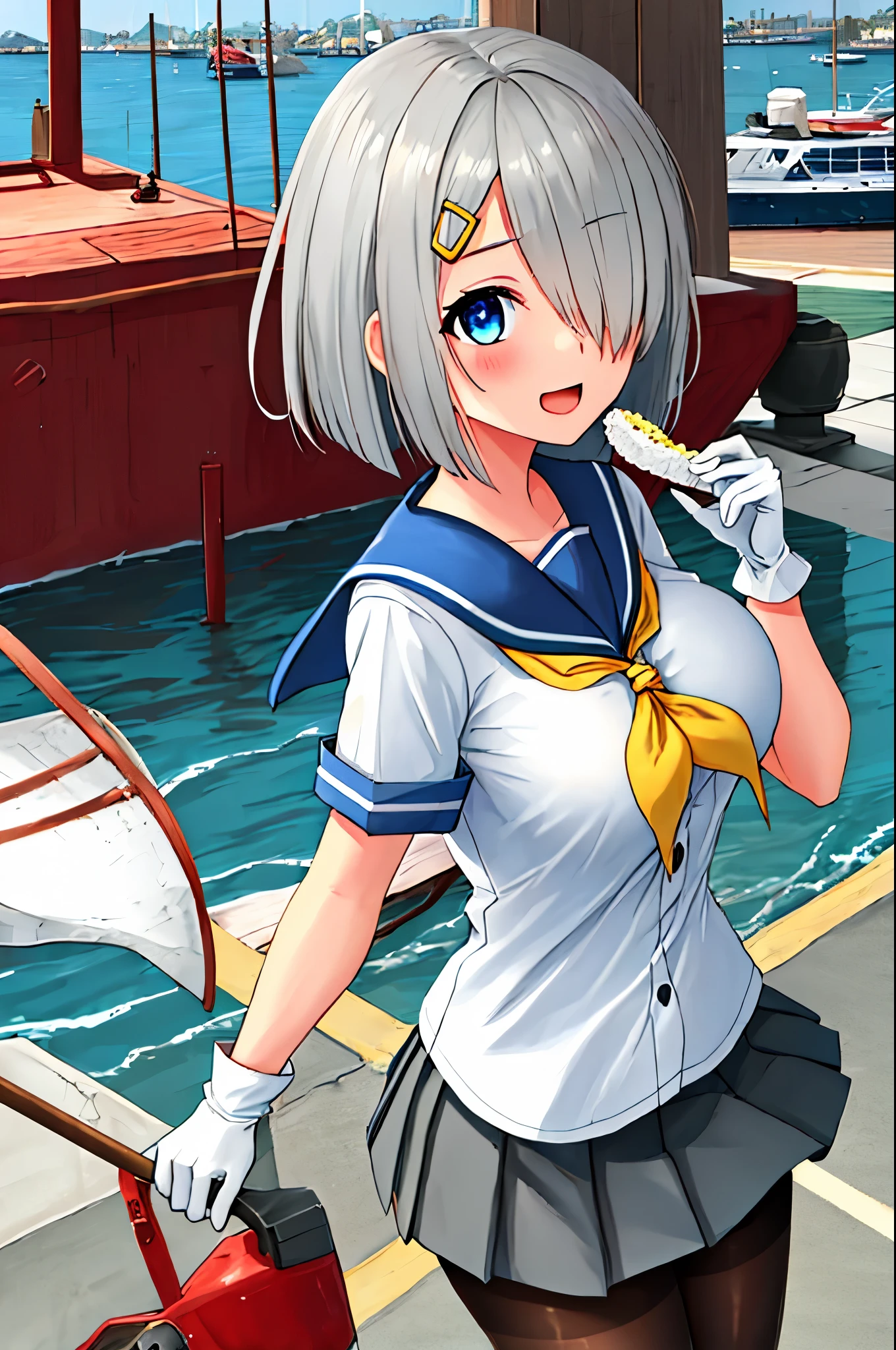 best quality, masterpiece, highres, solo, {hamakaze_kantaicollection:0.90}, 1girl, loli,younger_teen,black_pantyhose, pleated_skirt, serafuku, short_sleeves, simple_background, white_background, yellow_neckerchief, white_gloves, looking_at_viewer, grey_skirt, blush, eyes_visible_through_hair, blue_sailor_collar, dynamic_posing,long_bangs,hair_over_one_eye,harbor_school_background,outdoor,large_breasts,onigiri,riceball,girl_eating_riceball,happy,open_mouth