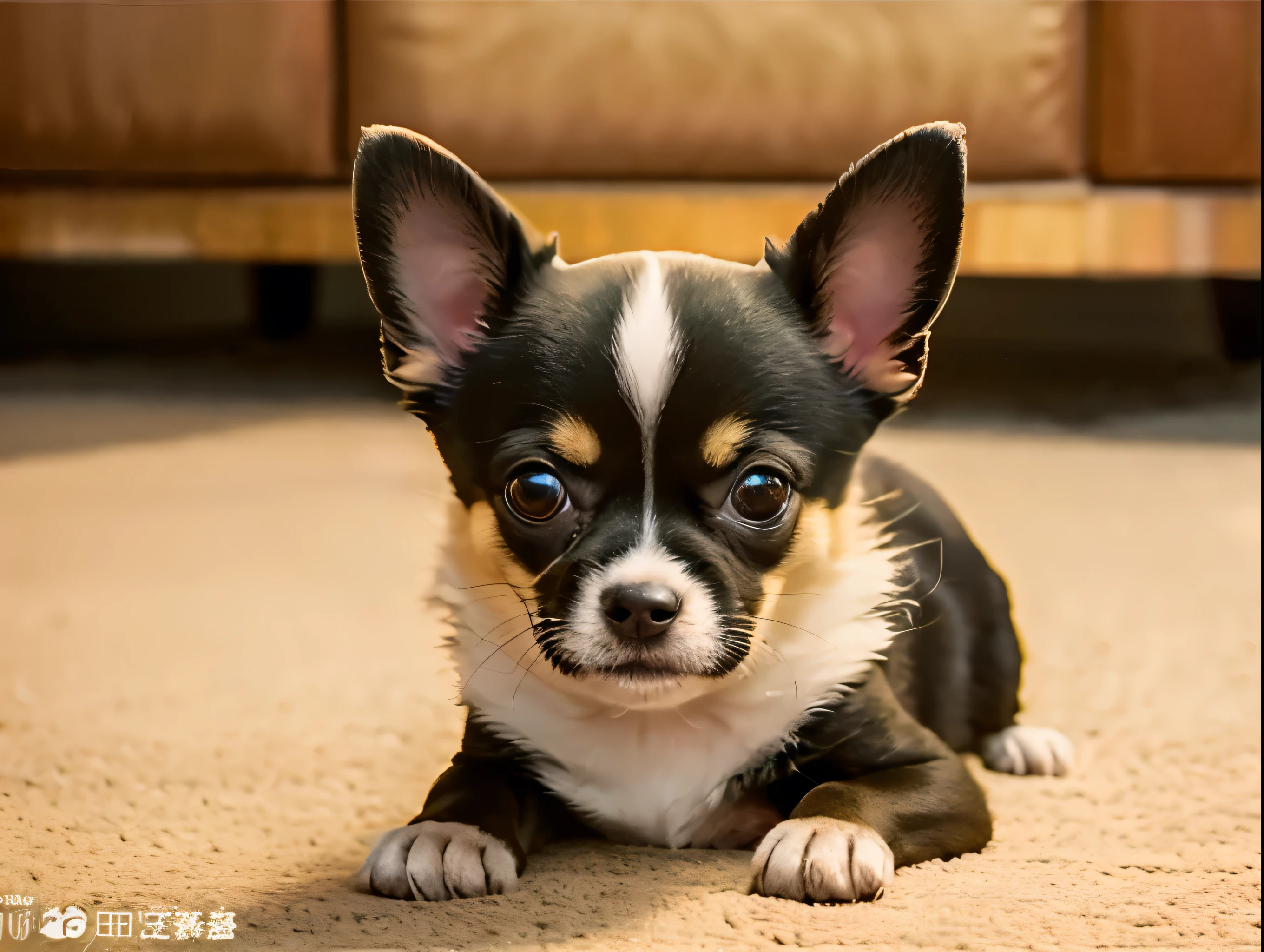 A charmingly endearing Chihuahua pup, exuding playfulness and warmth: fluffy golden coat, big, soulful eyes gleaming with mischief, and tiny, expressive ears perked up in curiosity. This vibrant portrait captures the essence of pure canine joy in intricate detail. The image radiates a sense of intimacy, as if the pup was right in front of you, ready to wag its tail and beg for a belly rub. Truly a heartwarming depiction that transcends mere cuteness, transporting viewers into a world of companionship and unconditional love.