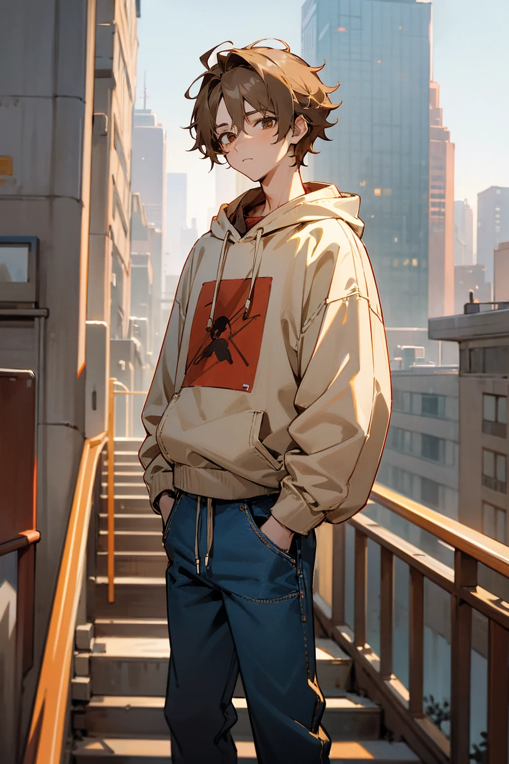 1male, highlighted hair, brown hair, blonde highlights, brown eyes, messy middle parted hair, baggy white and red sweatshirt, denim modern pants, city background, detailed background, detailed hair, standing on path, expressionless