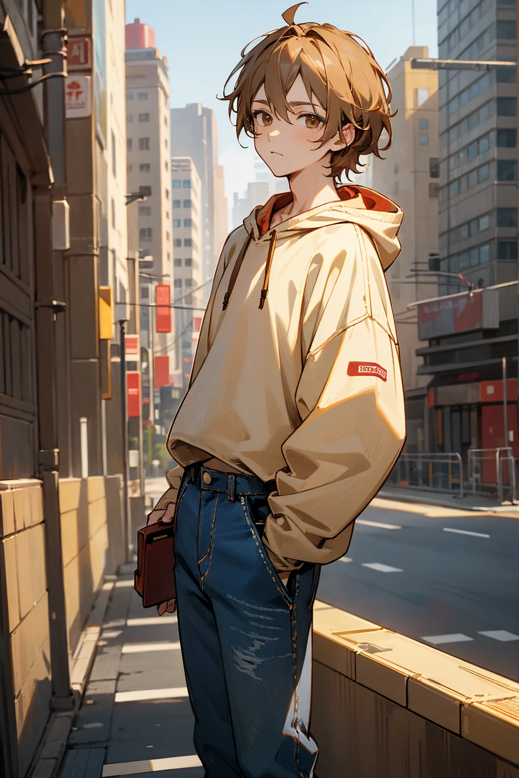 1male, highlighted hair, brown hair, blonde highlights, brown eyes, messy middle parted hair, baggy white and red sweatshirt, denim modern pants, city background, detailed background, detailed hair, standing on path, expressionless