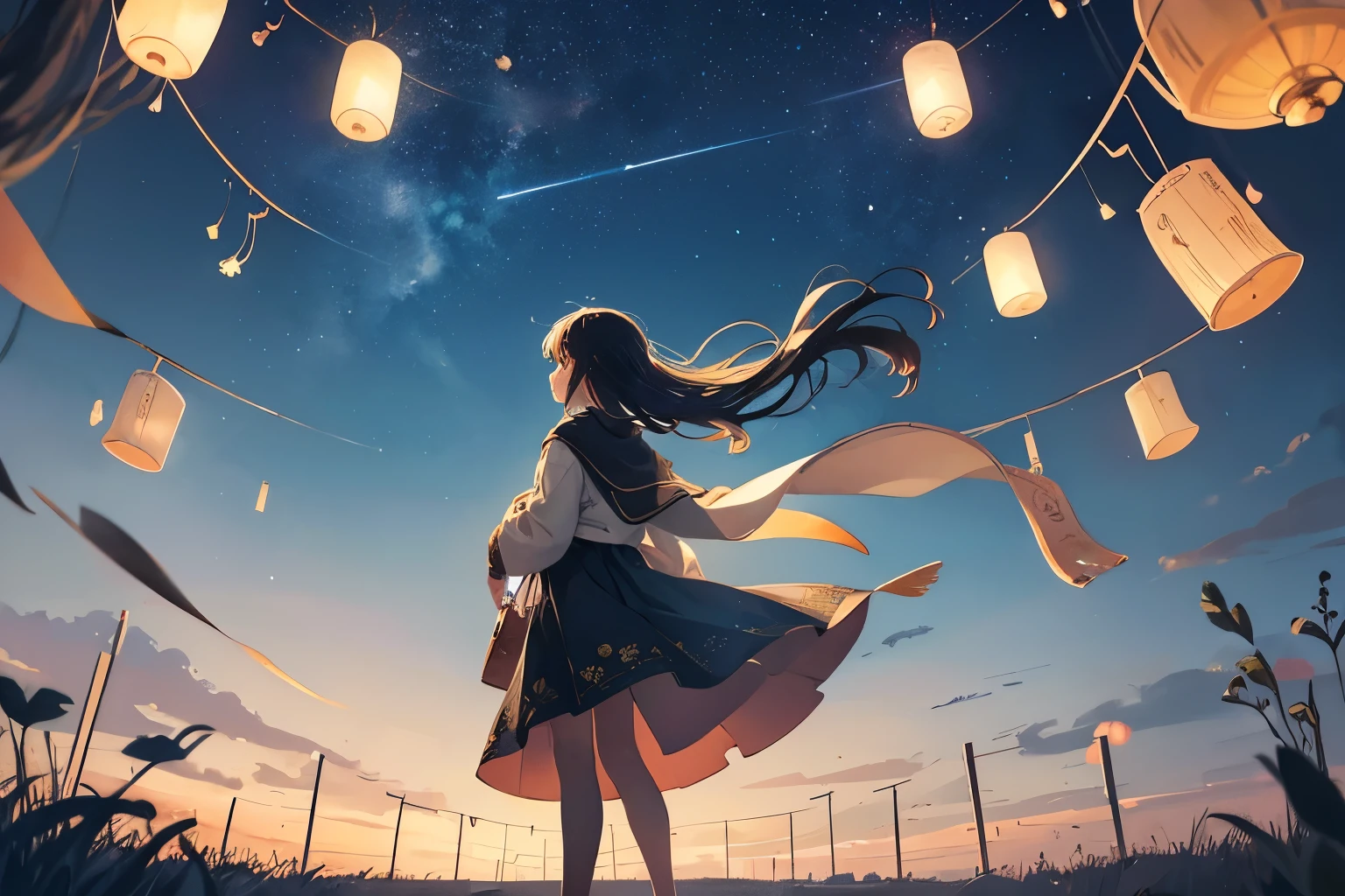 Created an illustration of countless wind chimes floating in the night sky. The sound of wind chimes, In a variety of colors, It emits a fascinating glow reminiscent of a starry sky.. On the ground, A boy or girl gazes in awe at a floating wind chime。. The overall theme must be fantastical and complex., Capturing the essence of nostalgia. I aim to create high-quality illustrations that convey a fantastical and nostalgic atmosphere..