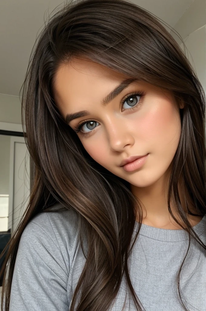 pretty girl with freakles long brown hair and grey eyes