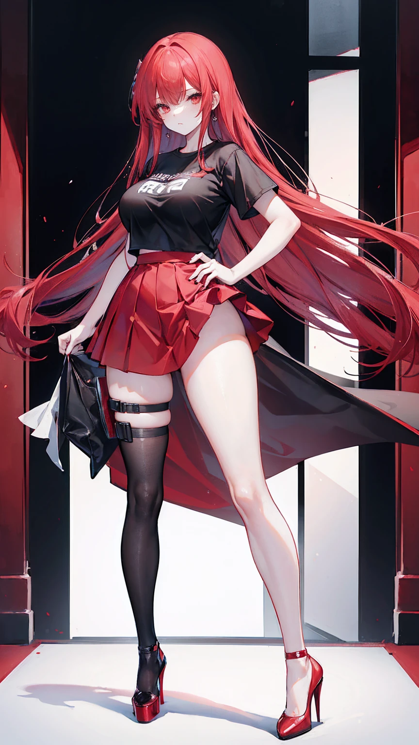 best quality, masterpiece, (large breasts:1.2), long red hair, black thighhighs, (micro skirt:1.1), (full body:1.4), midnight, perfect anatomy, no bra, t-shirt, (high heels like sneakers:1.4),