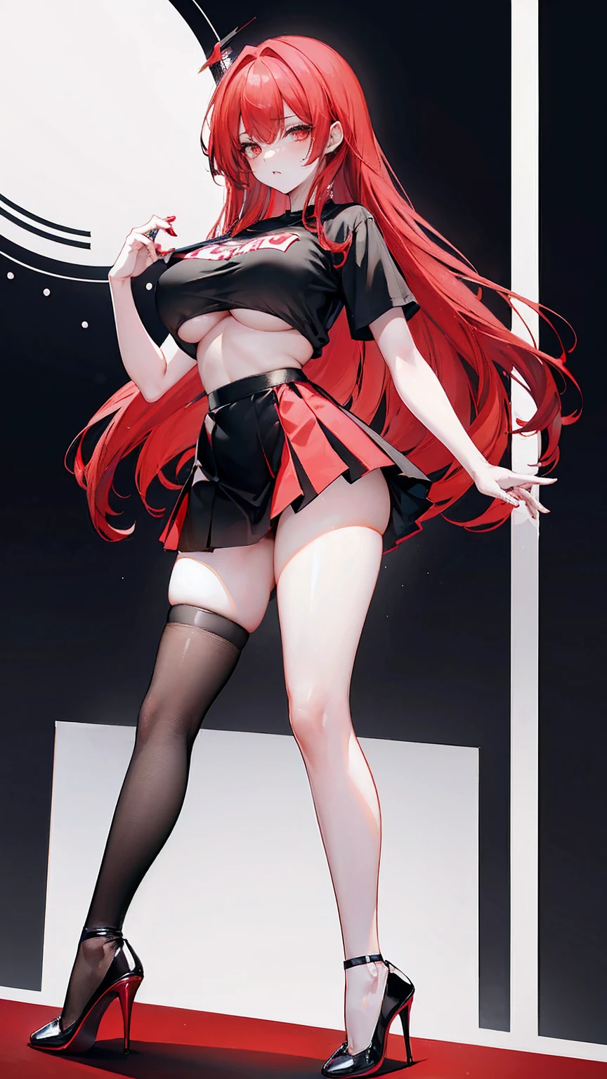 best quality, masterpiece, (large breasts:1.2), long red hair, black thighhighs, (micro skirt:1.1), (full body:1.4), midnight, perfect anatomy, no bra, t-shirt, (high heels like sneakers:1.4),
