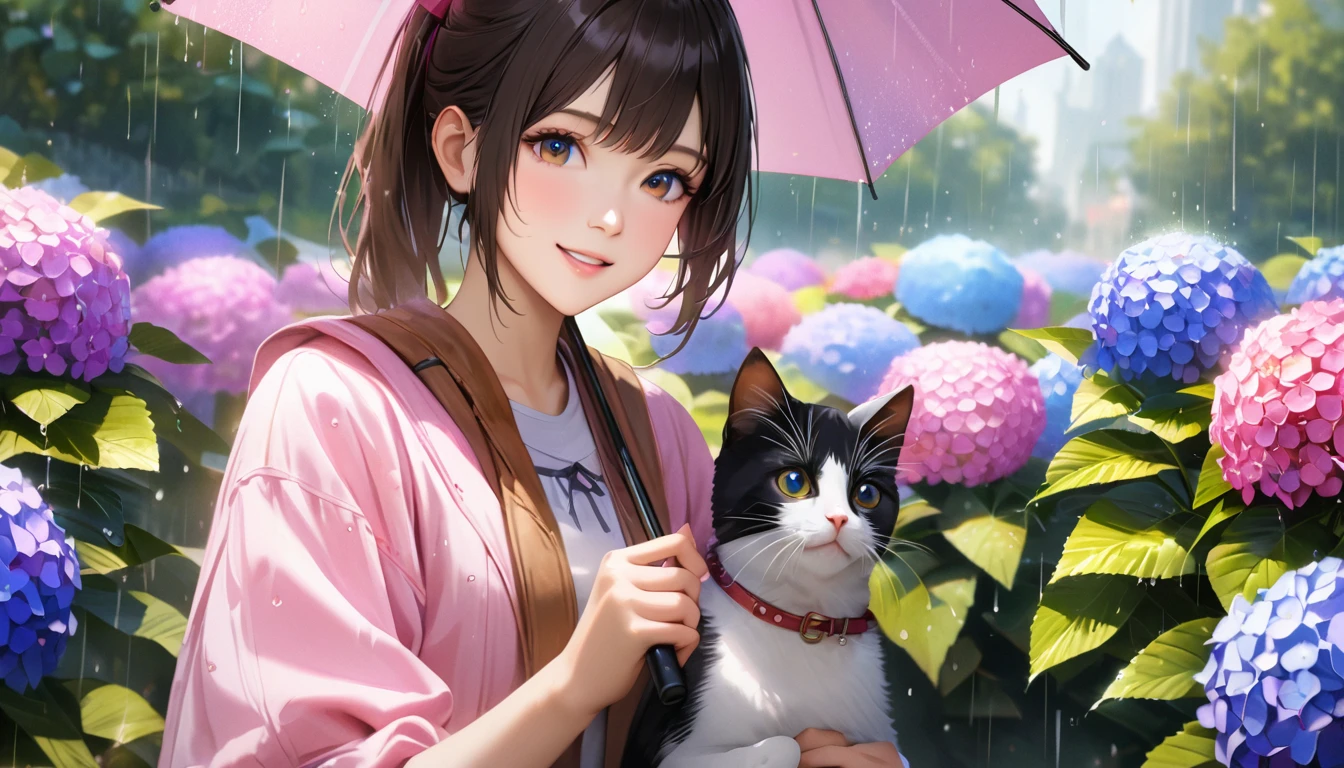 rain,Hydrangea Park, Cute casual clothes, Holding an umbrella,Holding a cat,Blur the background,High school girls,ponytail,smile,Glitter effect,highest quality, 4K, 8k, High resolution, masterpiece:1.2, Very detailed, Realistic:1.37, High resolution, 超High resolution, Ultra-fine painting, Sharp focus, Physically Based Rendering, Very detailedな説明, Professional, Vibrant colors