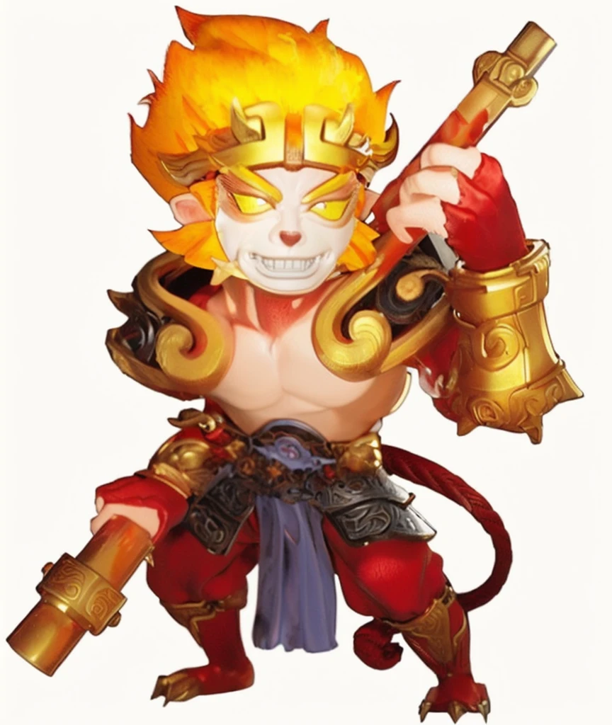 a cartoon image of a man with a sword and armor, sun wukong, wukong, monkey king, legendary god, god of the sun, ne zha from smite, asura from chinese myth, bian lian, fire monkey, 3D, Realistic, ultra quality