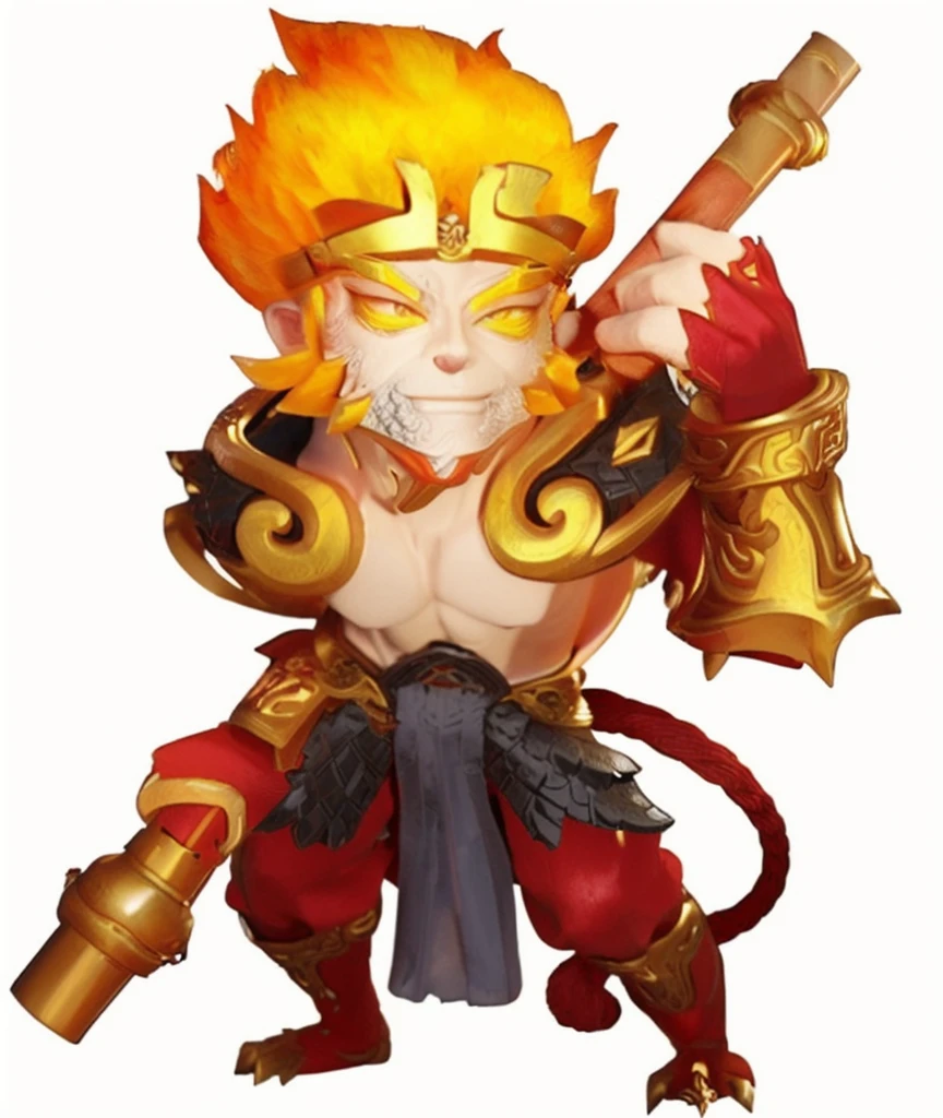a cartoon image of a man with a sword and armor, sun wukong, wukong, monkey king, legendary god, god of the sun, ne zha from smite, asura from chinese myth, bian lian, fire monkey, 3D, Realistic, ultra quality