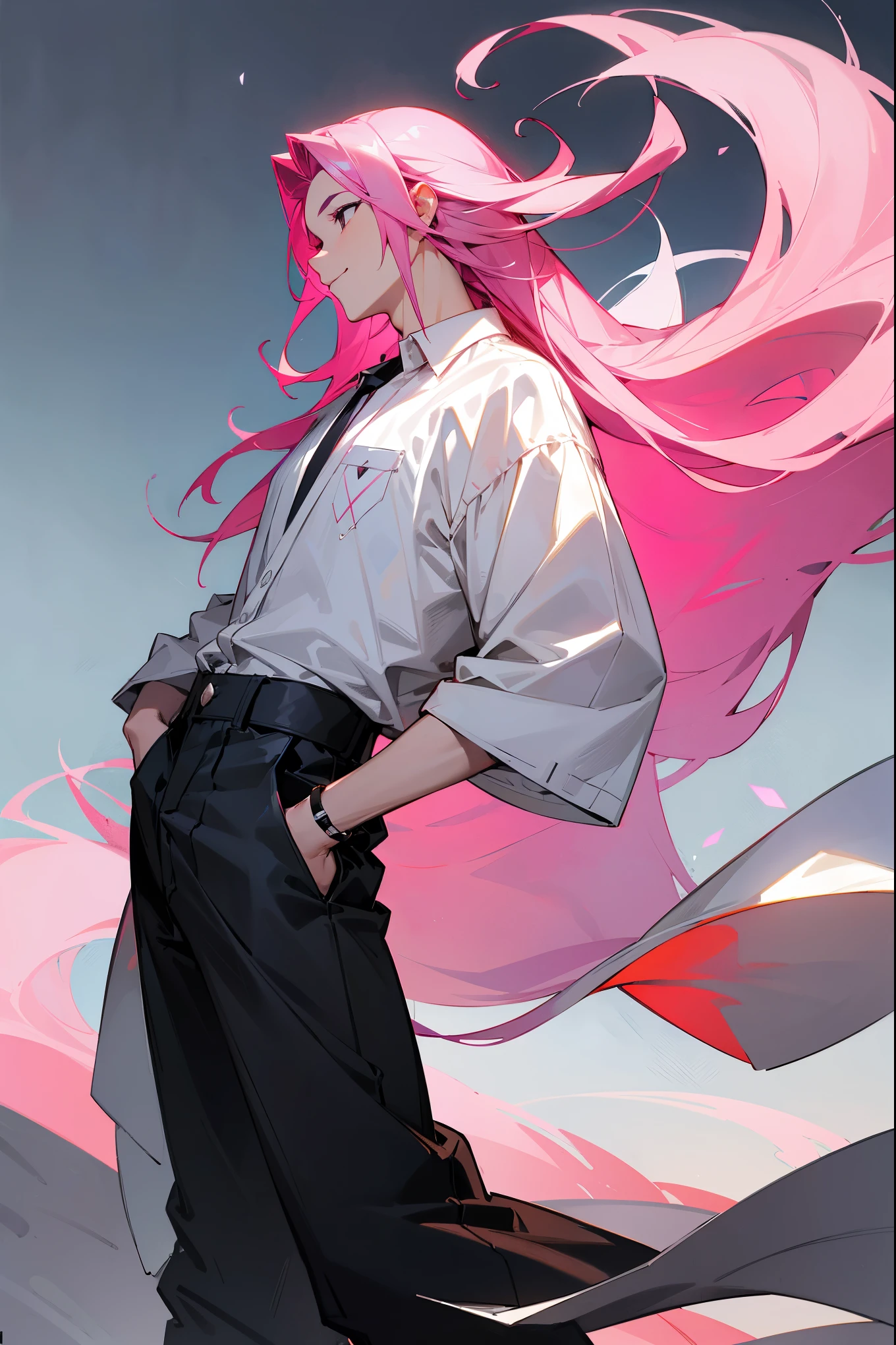 1male, pink hair, flowing hair, happy expression, black underhair, black eyes, white design shirt, black baggy pants, park background, detailed background, hands to side, standing on path