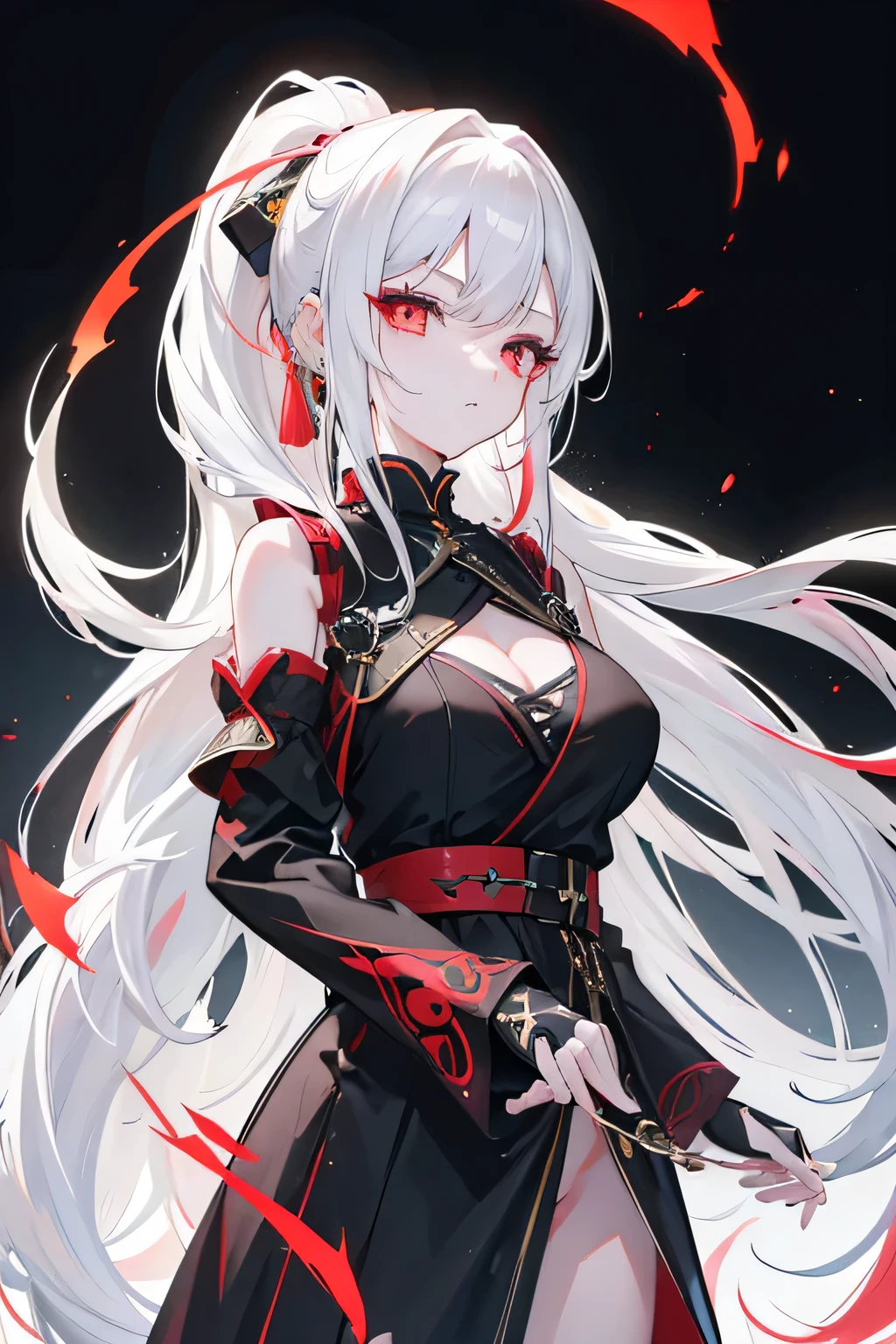 beautiful young anime girl, long yellow white hair in high ponytail, piercing red eyes, wearing black dress, full body, 8k, detailed, hyper realistic, vibrant colors, masterpiece, photorealistic, studio lighting, intricate details, sharp focus, physically-based rendering