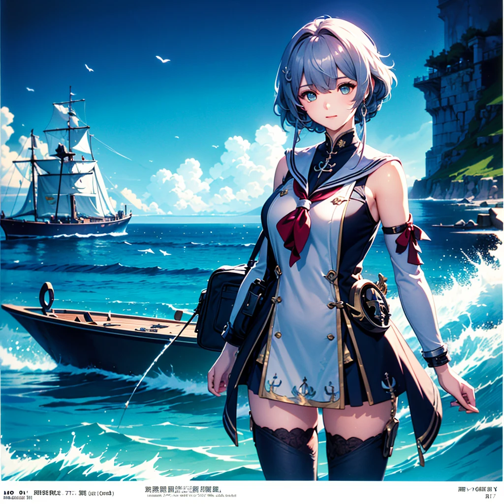 1girl、The best dynamic composition、(((最high quality、最高masterpiece、Super detailed、Official Art、The best dynamic composition)))、Anime Style、Dynamic pose、Dynamic composition、whole body,masterpiece, 最high quality, high quality, Very detailed CG uniform 8k wallpaper,  Exposing shoulders,, Black tiara, clavicle, arm written depth, High resolution, bloom, chromatic aberration, realism, Very detailed, Art Station Complex, High detail, dramatic、Huge⚓、anchor、In a white sailor suit、Light blue line、Sailor、Gray hair and light blue gradient hair color、Sparkling、The glow of the sea is reflected、Disorganized、Fantasy、Fantasy、