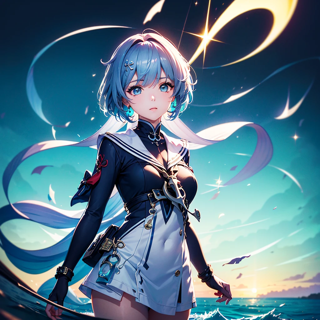 1girl、The best dynamic composition、(((最high quality、最高masterpiece、Super detailed、Official Art、The best dynamic composition)))、Anime Style、Dynamic pose、Dynamic composition、whole body,masterpiece, 最high quality, high quality, Very detailed CG uniform 8k wallpaper, Exposing shoulders,, Black tiara, clavicle, arm written depth, High resolution, bloom, chromatic aberration, realism, Very detailed, Art Station Complex, High detail, dramatic、Huge⚓、anchor、In a white sailor suit、Light blue line、Sailor、Gray hair and light blue gradient hair color、Sparkling、The glow of the sea is reflected、Disorganized、Fantasy、Fantasy、