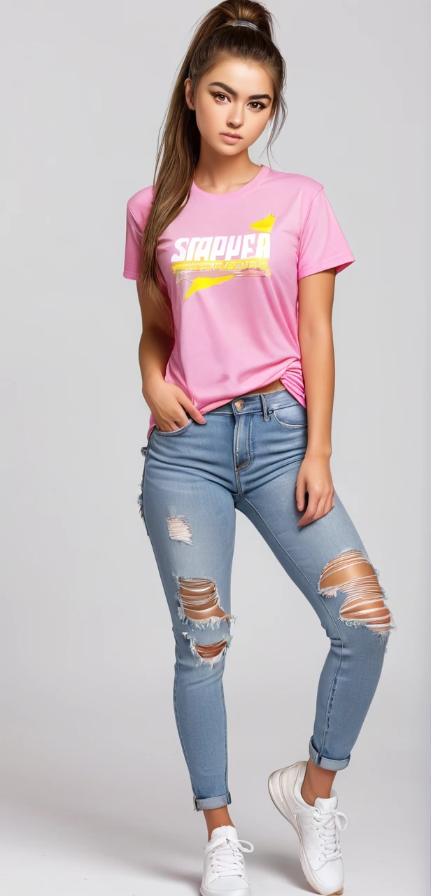 image of safura hugt, 18 year old adult, attractive, athletic, proportional body, brown hair styled in a ponytail, sparkling yellow eyes, wearing a pink t-shirt and detailed ripped jeans, wearing white sneakers, looking at the camera, standing, variation of poses.
