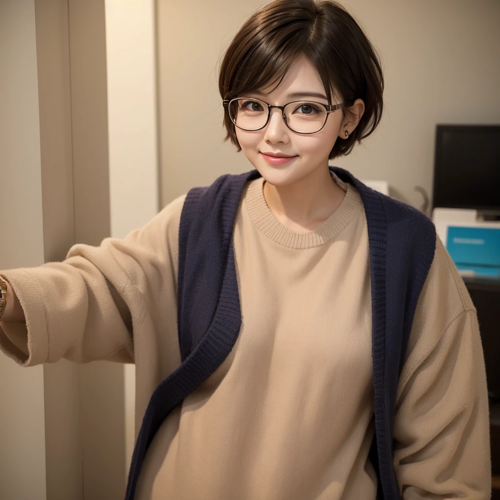 Short hair, wears glasses, chubby, cute, bright