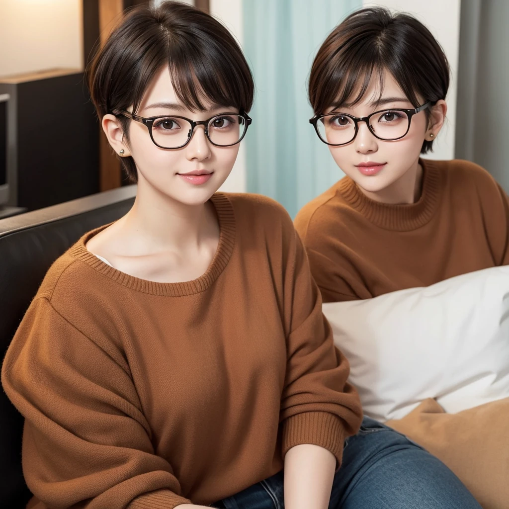 Short hair, wears glasses, chubby, cute, bright